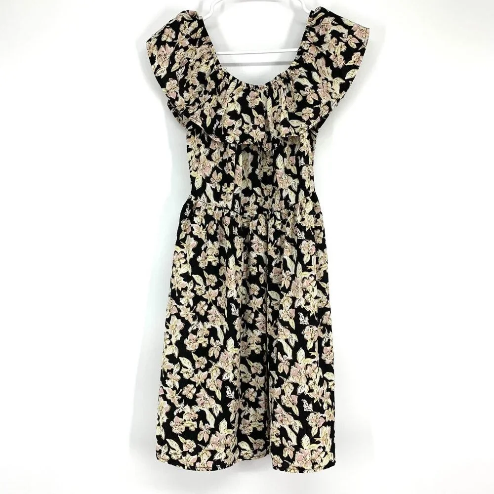 Xhilaration Dress Black Floral Print Off The Shoulder Mini - Picture 1 of 8